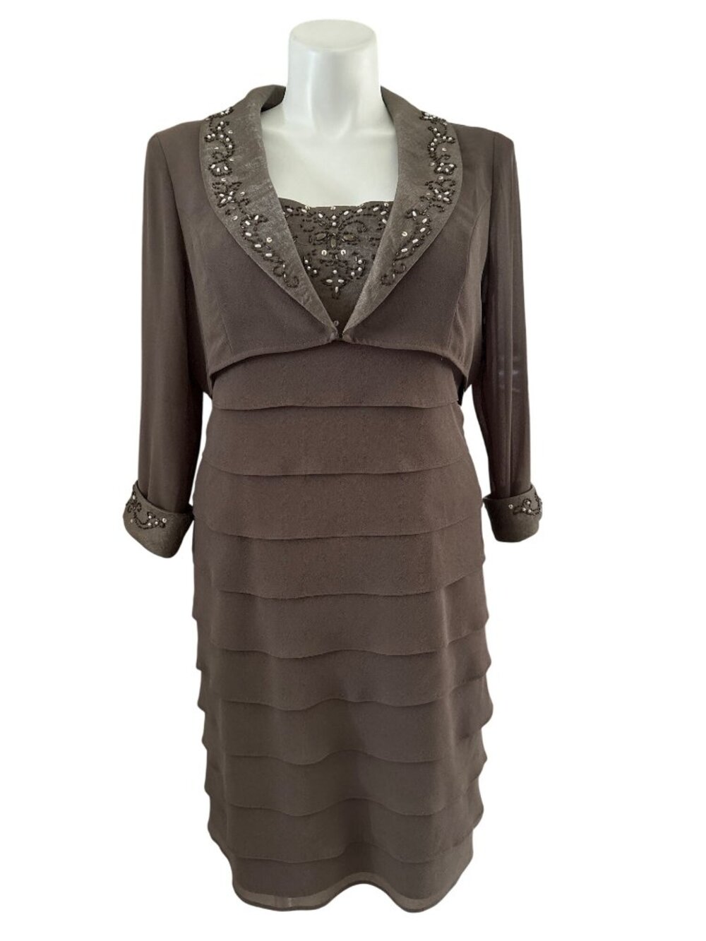 S.L. Fashions NWT Women's Beaded Tiered Sheath Dress & Jacket Set, Stone Size 18